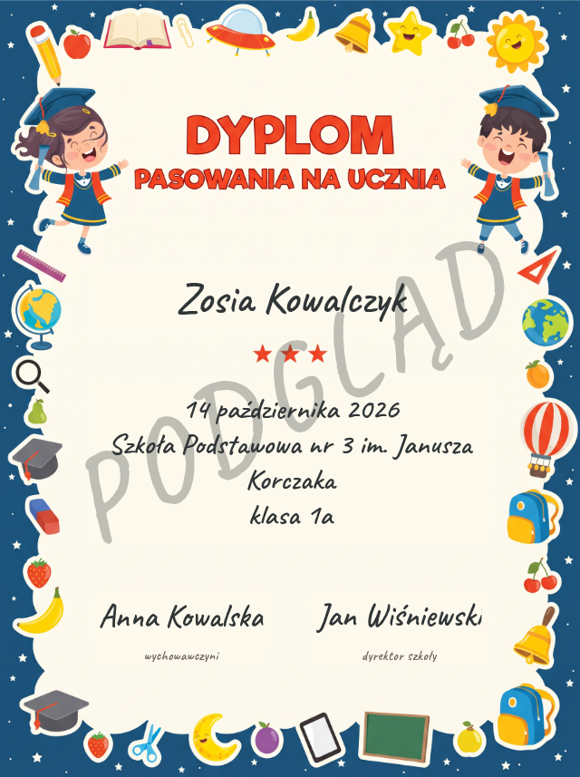 Przykładowy dyplom z imieniem ucznia