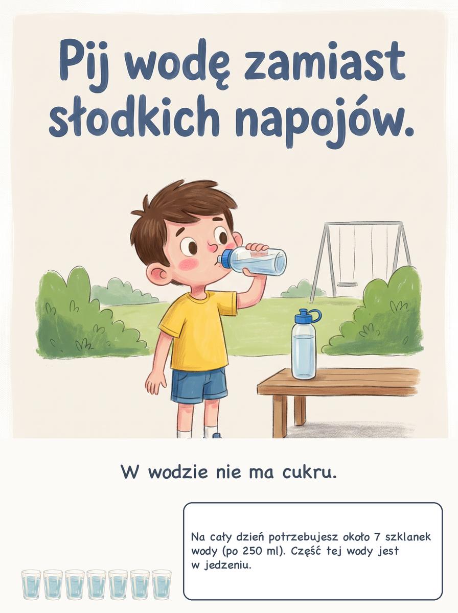 Plansza picie wody: Pij wodę zamiast słodkich napojów