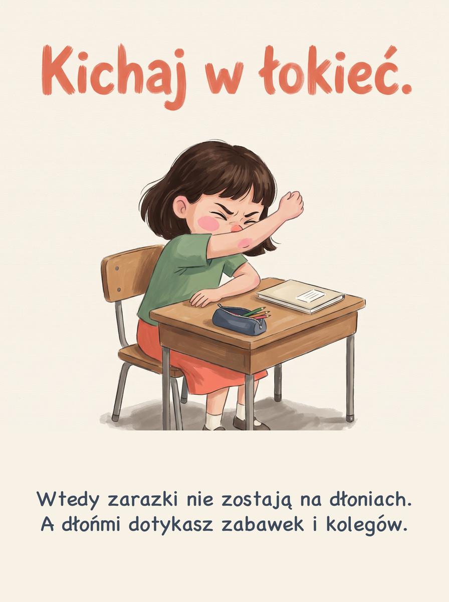 Plansza kichanie w łokieć dla dzieci: Kichaj w łokieć