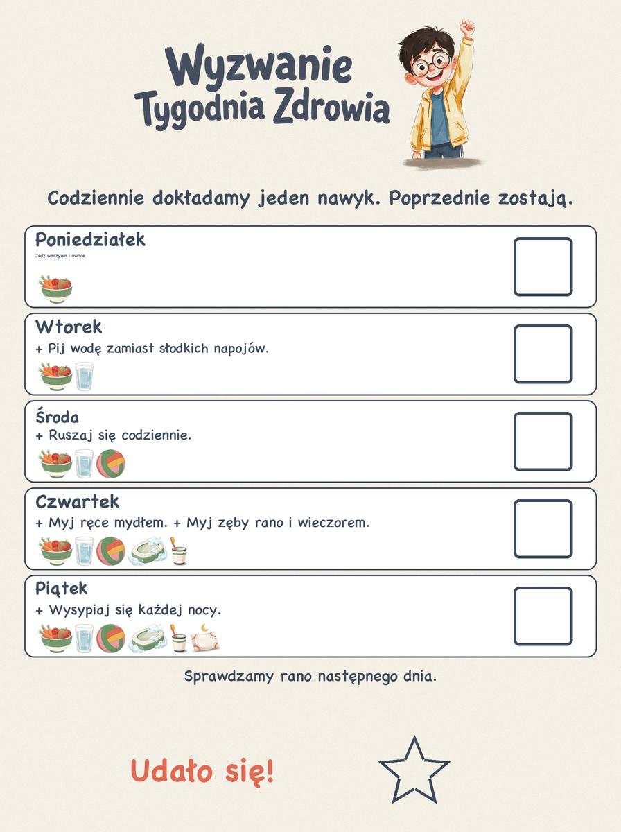Wyzwanie Tygodnia Zdrowia dla klasy z polami do odhaczenia