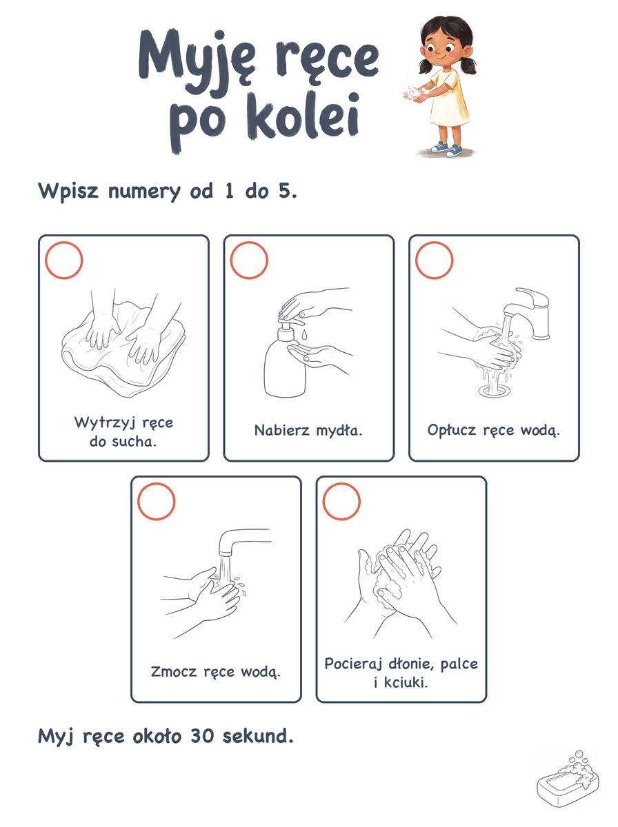 Karta pracy kolejność mycia rąk: Myję ręce po kolei