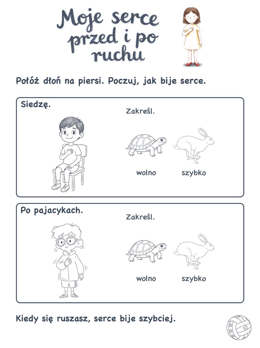Karta pracy serce przed i po ruchu: pajacyki
